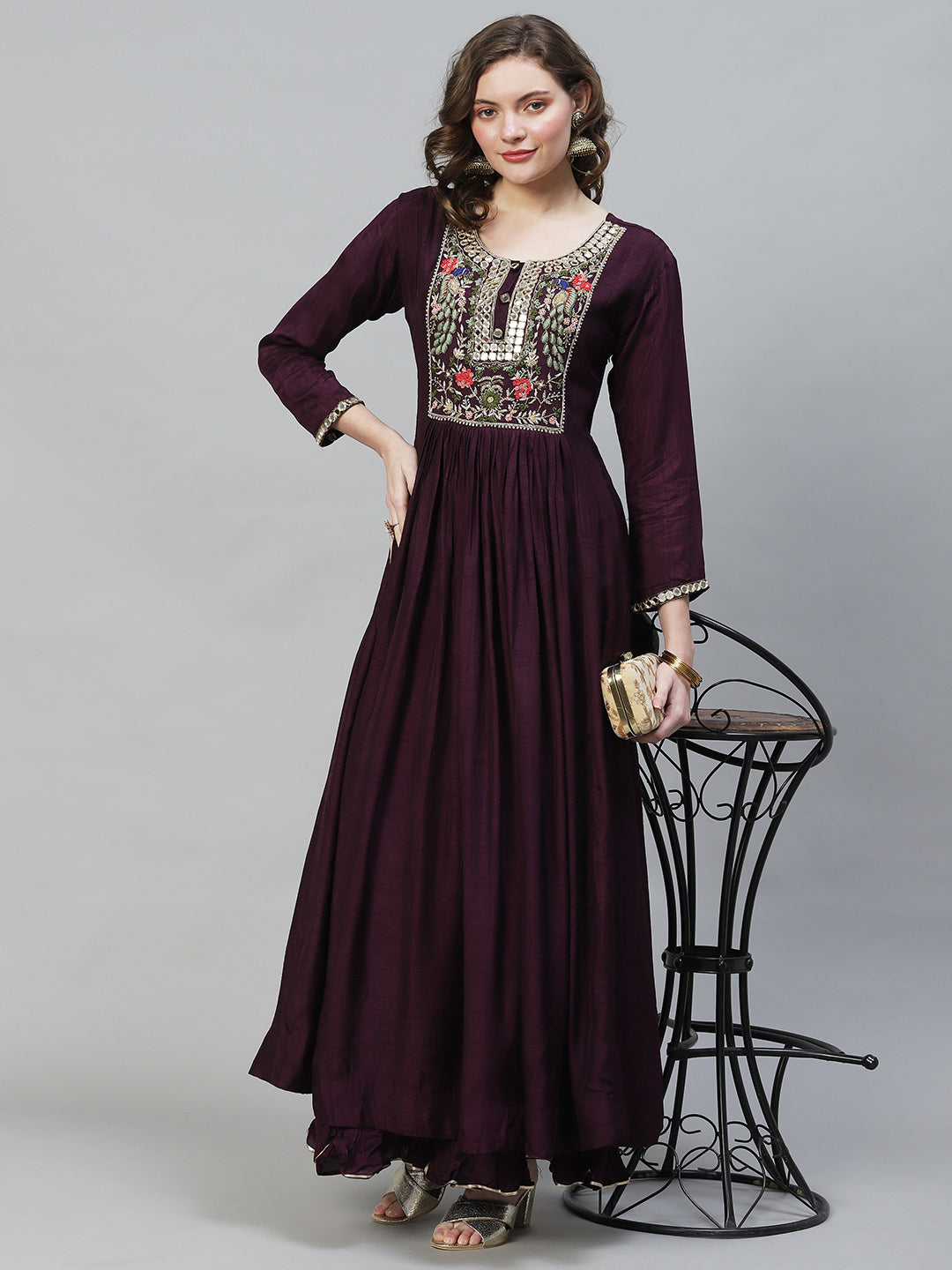 Embroidered Flared Maxi Dress - Deep Wine