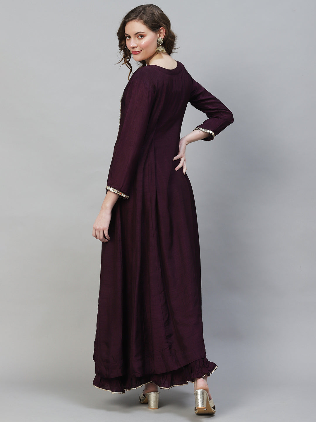 Embroidered Flared Maxi Dress - Deep Wine