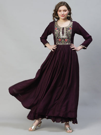 Embroidered Flared Maxi Dress - Deep Wine