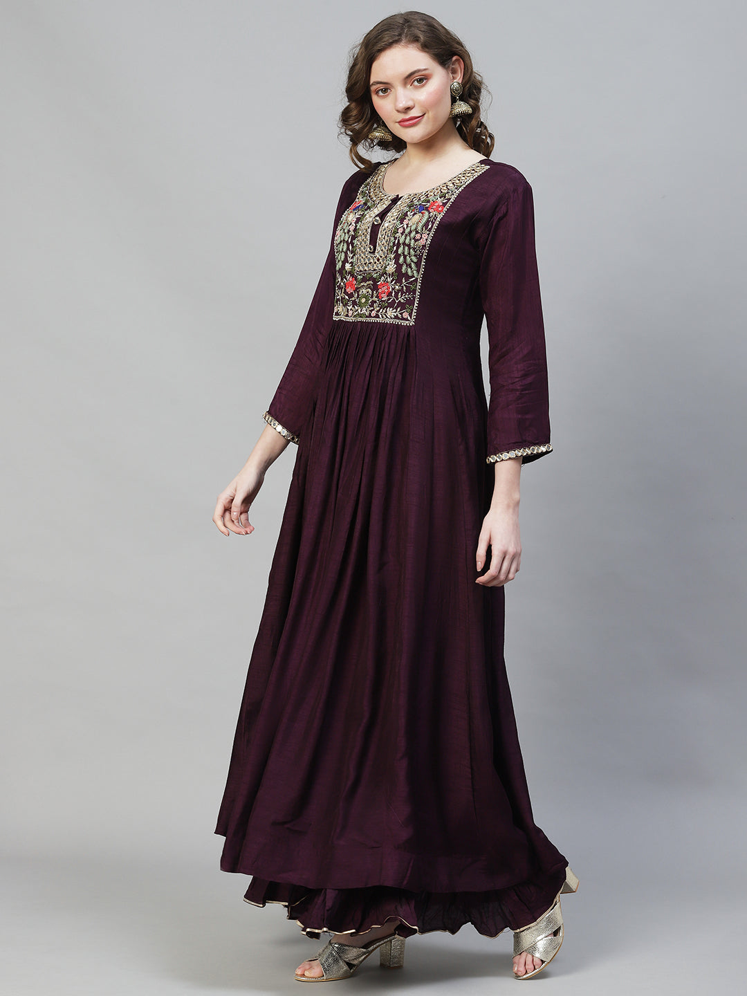 Embroidered Flared Maxi Dress - Deep Wine