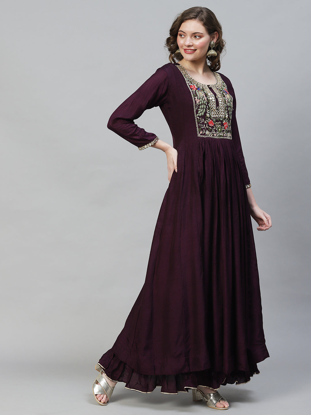 Embroidered Flared Maxi Dress - Deep Wine