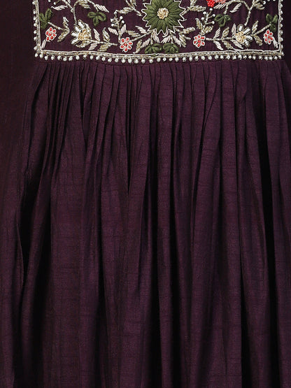 Embroidered Flared Maxi Dress - Deep Wine