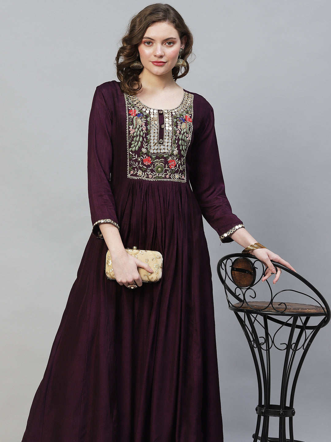 Embroidered Flared Maxi Dress - Deep Wine