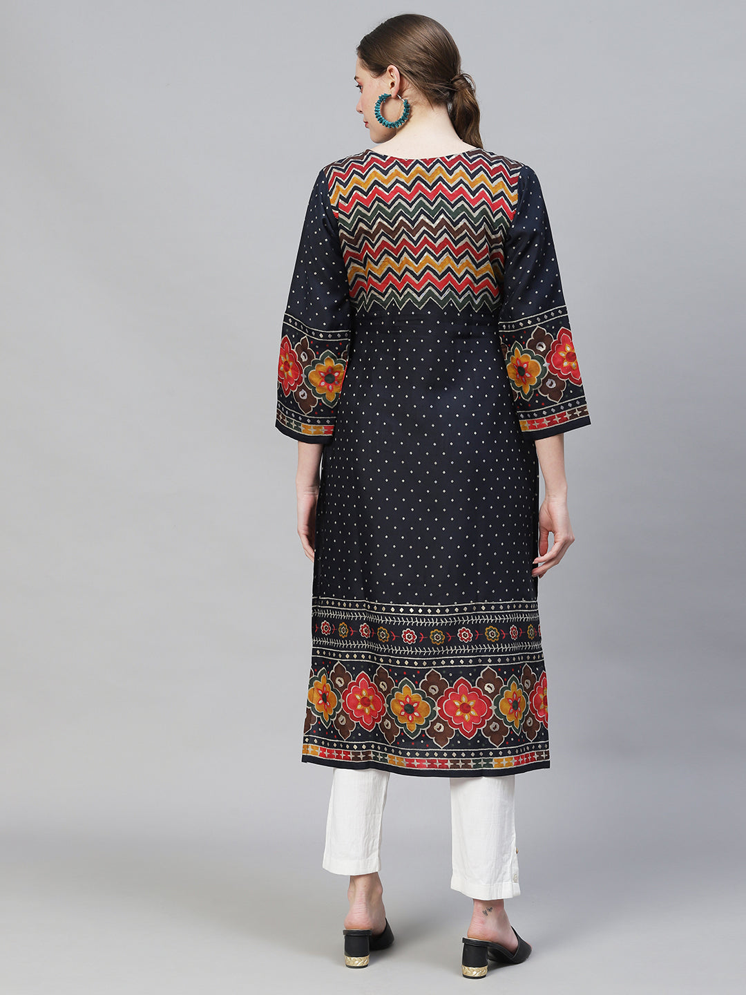 Ethnic Printed Straight Fit Kurta - Navy Blue