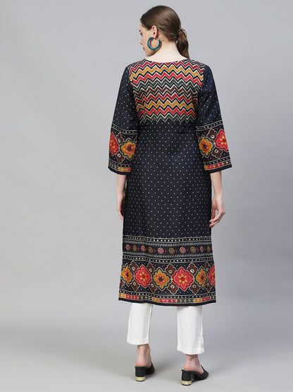 Ethnic Printed Straight Fit Kurta - Navy Blue