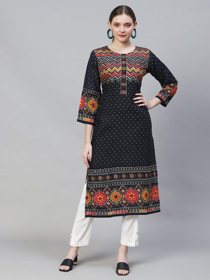 Ethnic Printed Straight Fit Kurta - Navy Blue