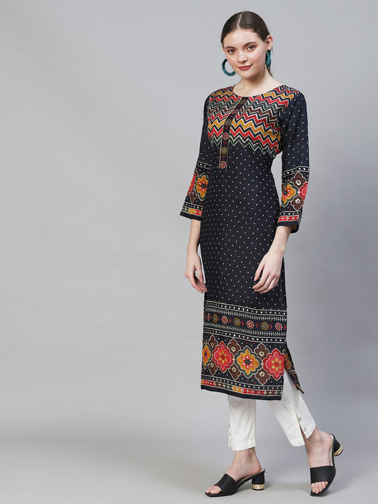 Ethnic Printed Straight Fit Kurta - Navy Blue