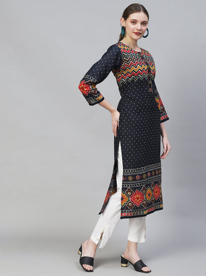 Ethnic Printed Straight Fit Kurta - Navy Blue