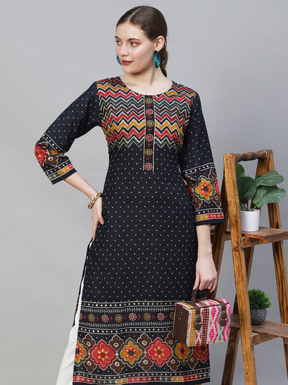 Ethnic Printed Straight Fit Kurta - Navy Blue