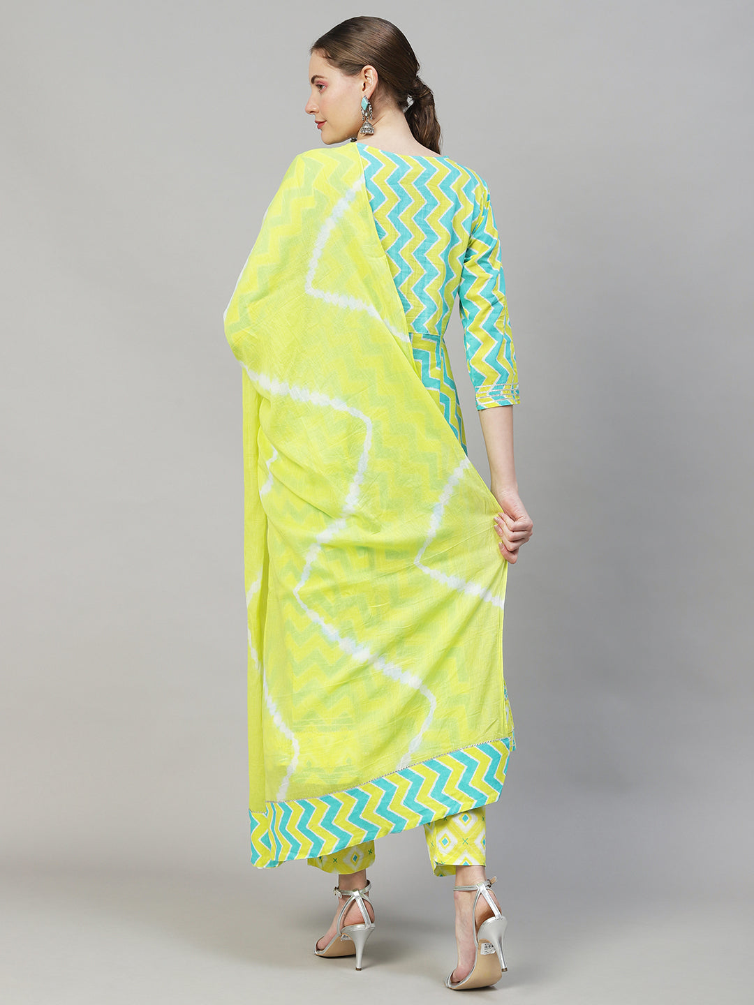 Ethnic Printed & Embroidered Flared Kurta with Pants & Dupatta - Multi