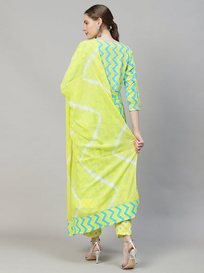 Ethnic Printed & Embroidered Flared Kurta with Pants & Dupatta - Multi