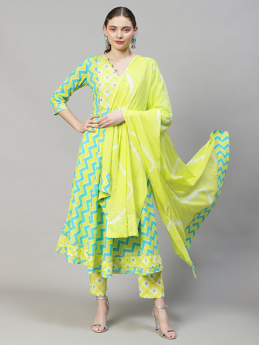 Ethnic Printed & Embroidered Flared Kurta with Pants & Dupatta - Multi