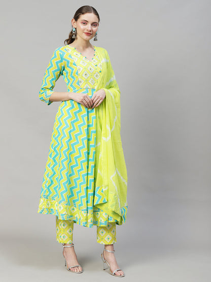 Ethnic Printed & Embroidered Flared Kurta with Pants & Dupatta - Multi