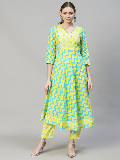 Ethnic Printed & Embroidered Flared Kurta with Pants & Dupatta - Multi