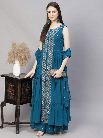 Ethnic Embroidered Flared Kurta with Palazzo & Dupatta - Teal Blue