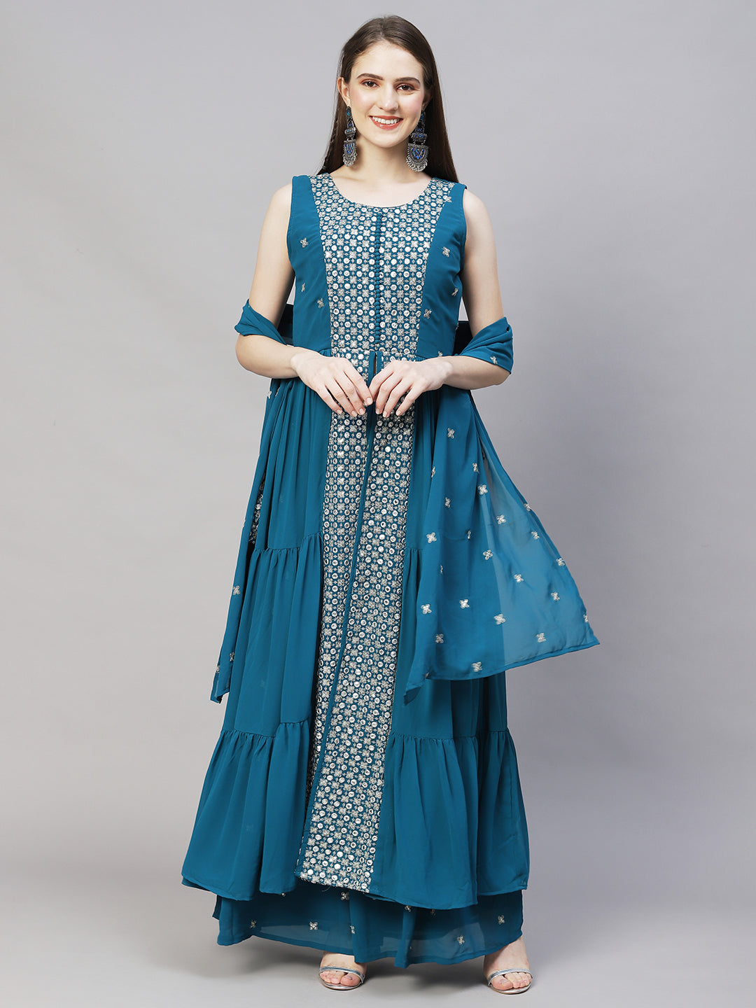 Ethnic Embroidered Flared Kurta with Palazzo & Dupatta - Teal Blue