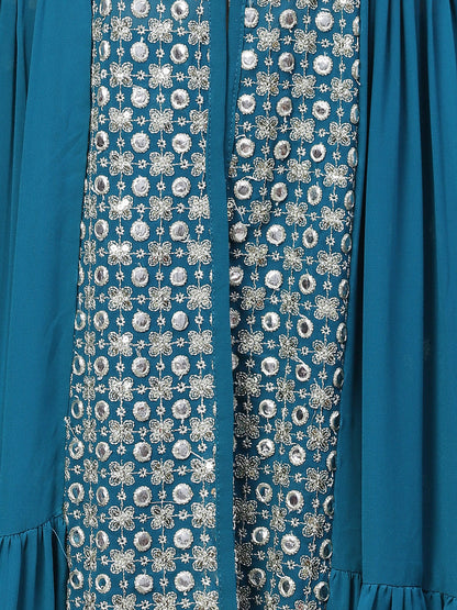 Ethnic Embroidered Flared Kurta with Palazzo & Dupatta - Teal Blue