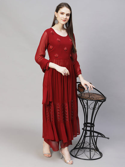 Floral Hand Embroidered A-Line Kurta with Palazzo & Dupatta - Maroon