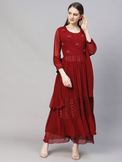 Floral Hand Embroidered A-Line Kurta with Palazzo & Dupatta - Maroon