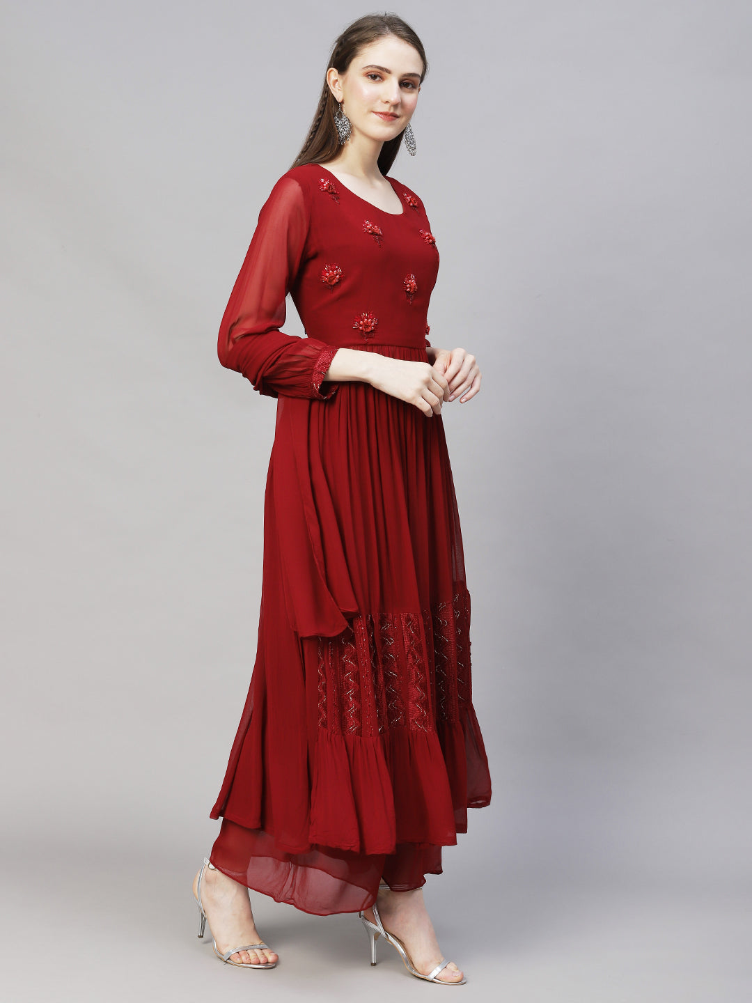 Floral Hand Embroidered A-Line Kurta with Palazzo & Dupatta - Maroon