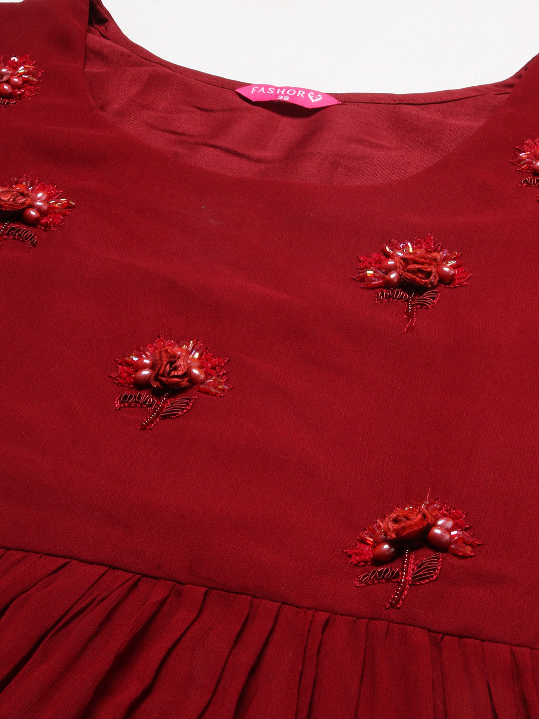 Floral Hand Embroidered A-Line Kurta with Palazzo & Dupatta - Maroon