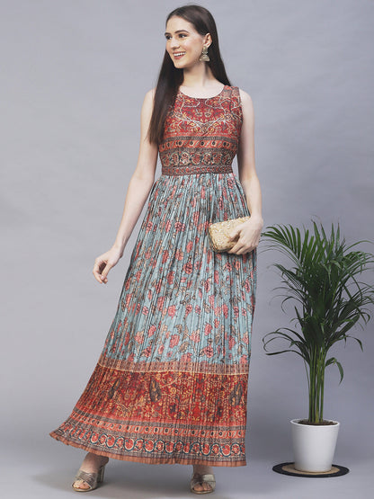 Ethnic Printed & Hand Embroidered Maxi Flared Dress & Belt - Mint Green