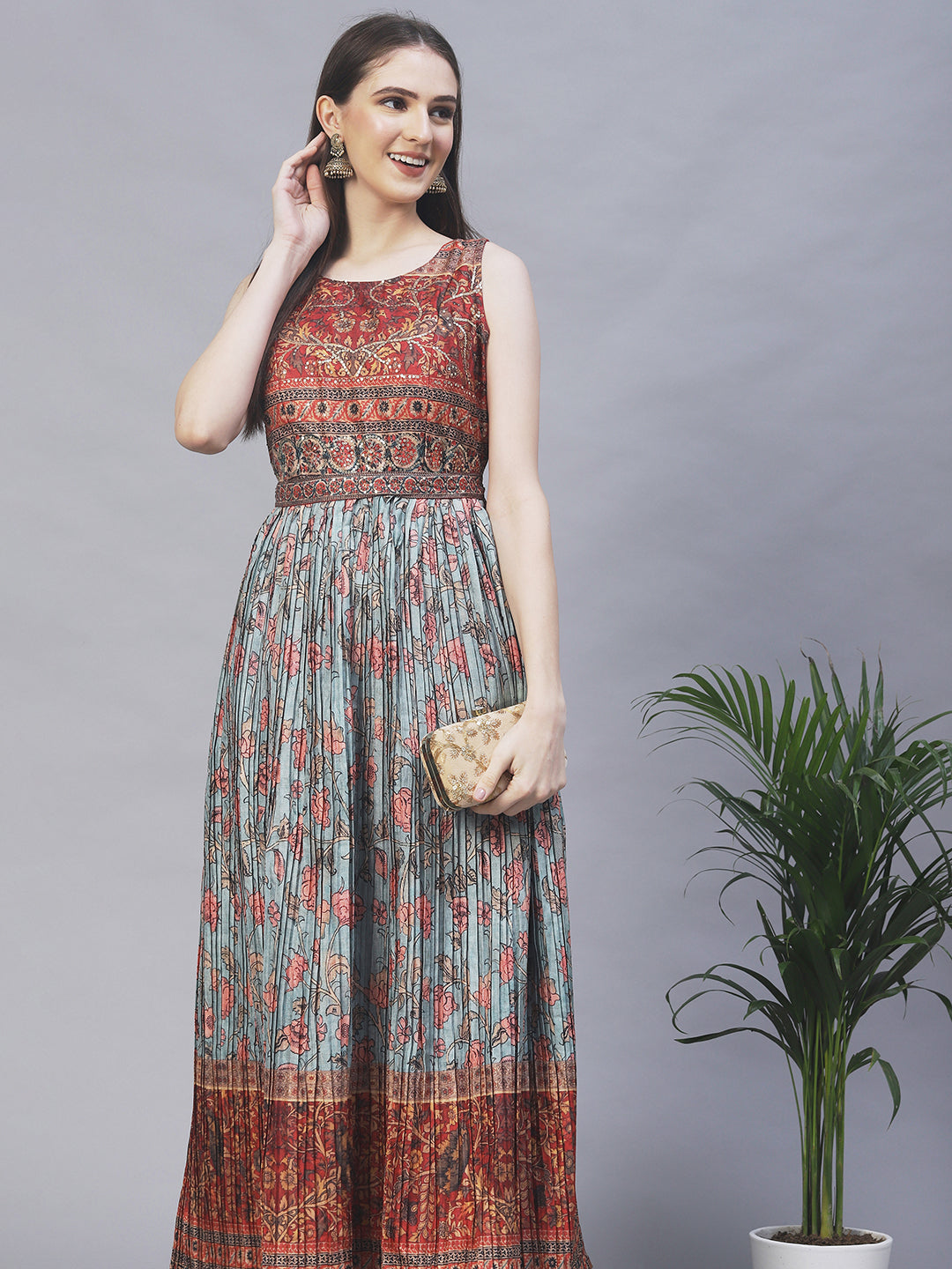 Ethnic Printed & Hand Embroidered Maxi Flared Dress & Belt - Mint Green