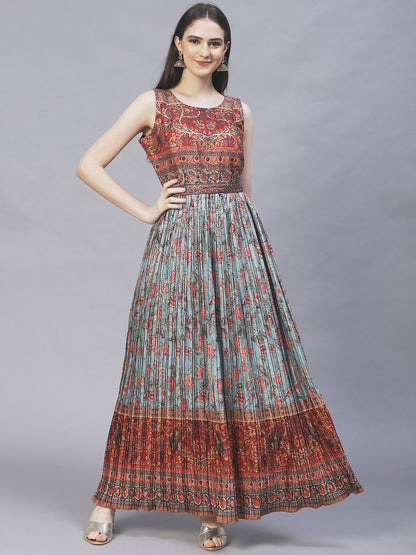 Ethnic Printed & Hand Embroidered Maxi Flared Dress & Belt - Mint Green