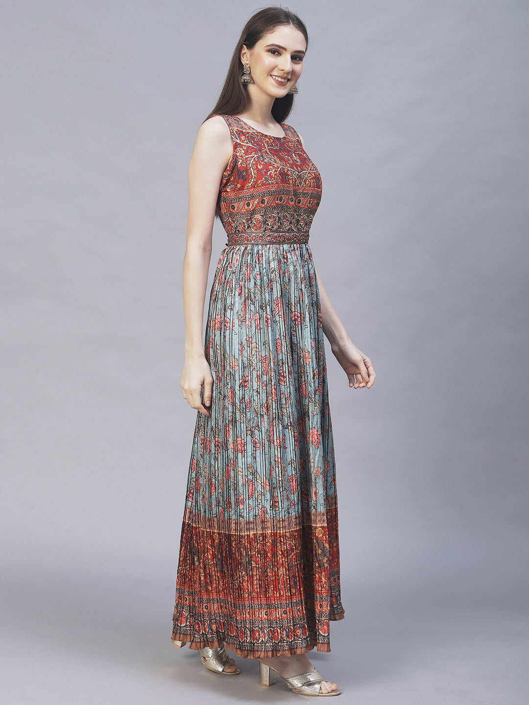 Ethnic Printed & Hand Embroidered Maxi Flared Dress & Belt - Mint Green