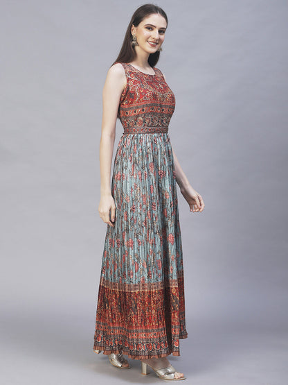 Ethnic Printed & Hand Embroidered Maxi Flared Dress & Belt - Mint Green