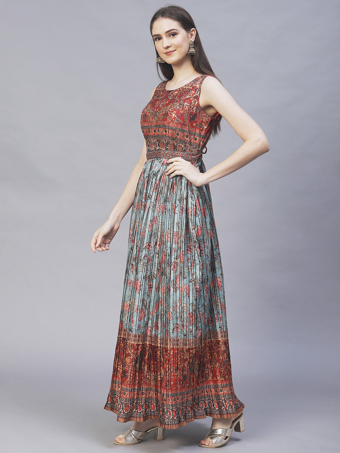 Ethnic Printed & Hand Embroidered Maxi Flared Dress & Belt - Mint Green