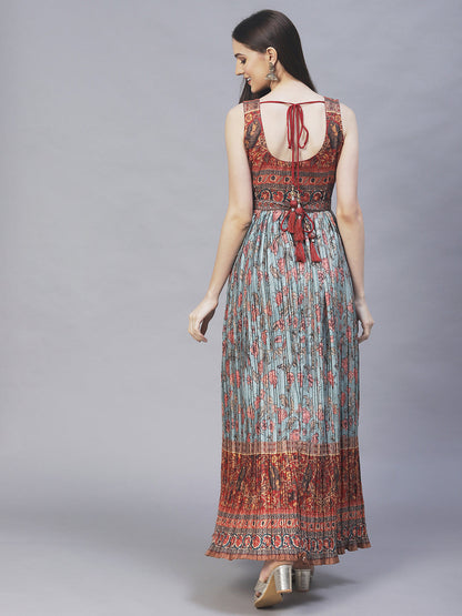 Ethnic Printed & Hand Embroidered Maxi Flared Dress & Belt - Mint Green