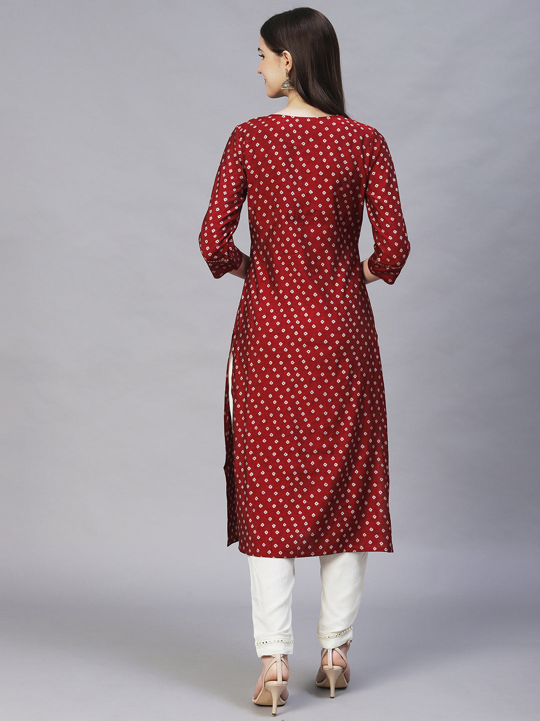 Bandhani Printed & Embroidered Straight Fit Kurta – Maroon