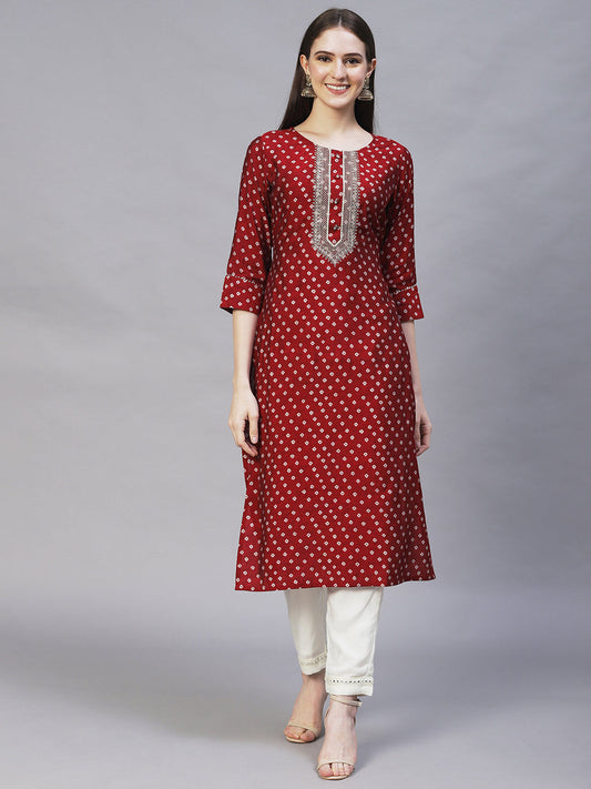 Bandhani Printed & Embroidered Straight Fit Kurta – Maroon