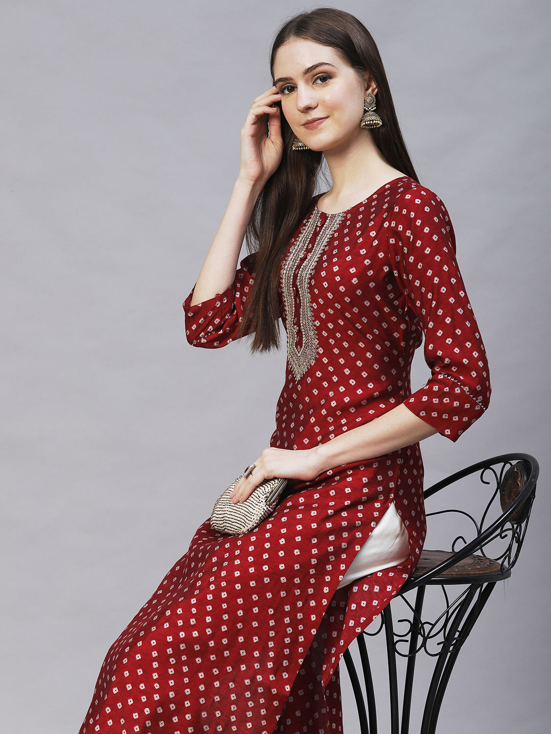 Bandhani Printed & Embroidered Straight Fit Kurta – Maroon