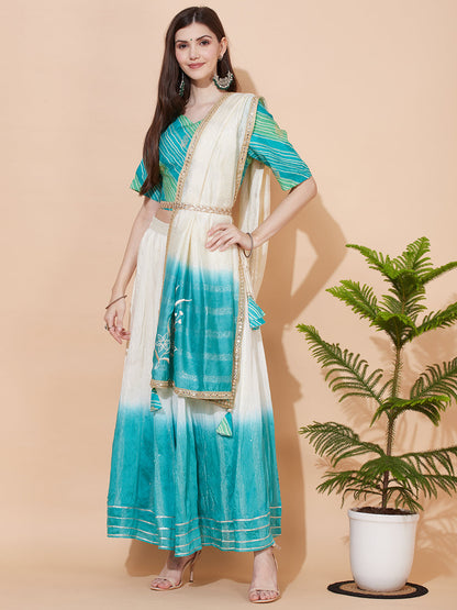 Ethnic Printed Short Top with Flared Skirt & Dupatta - Turquoise