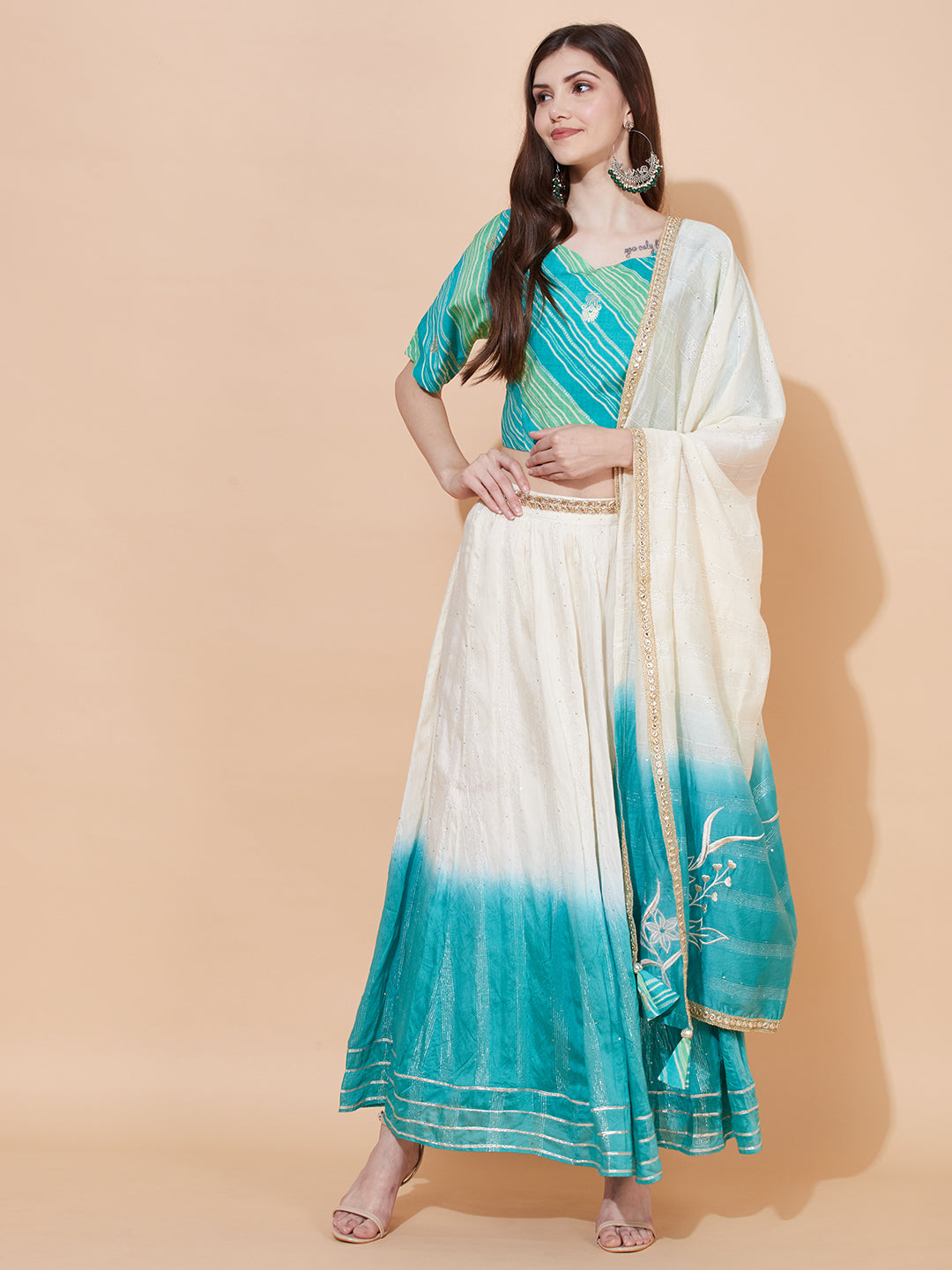 Ethnic Printed Short Top with Flared Skirt & Dupatta - Turquoise