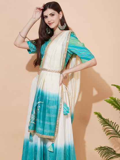 Ethnic Printed Short Top with Flared Skirt & Dupatta - Turquoise