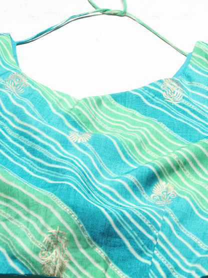 Ethnic Printed Short Top with Flared Skirt & Dupatta - Turquoise