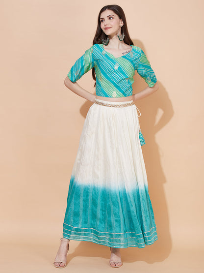 Ethnic Printed Short Top with Flared Skirt & Dupatta - Turquoise