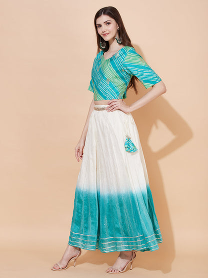 Ethnic Printed Short Top with Flared Skirt & Dupatta - Turquoise