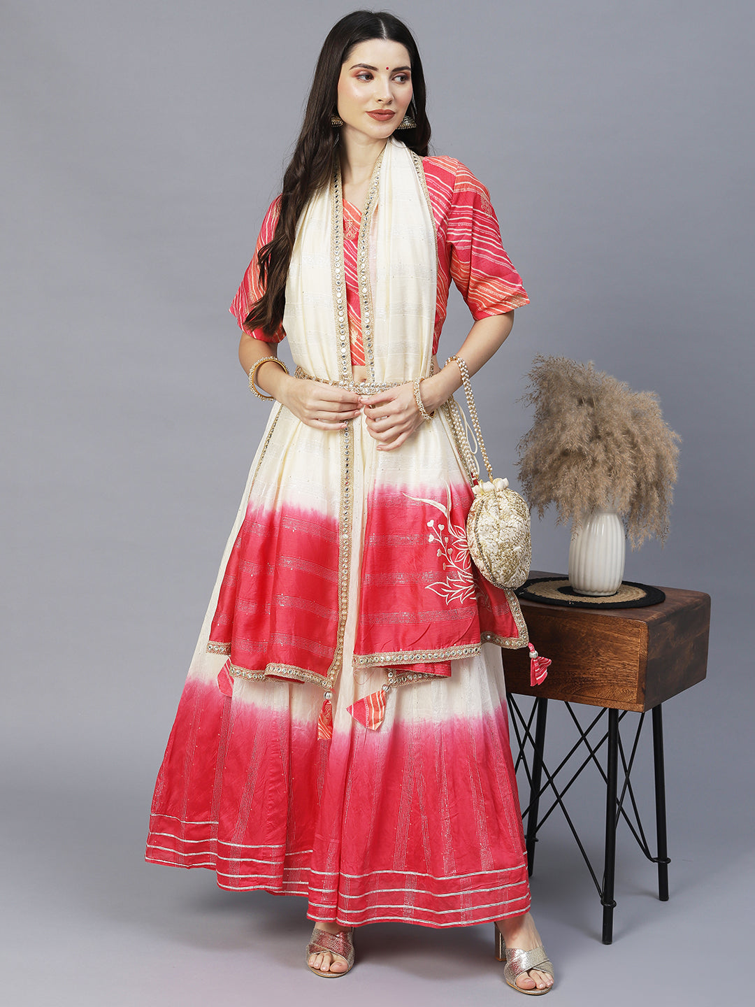 Ethnic Printed Short Top with Flared Skirt & Dupatta - Pink