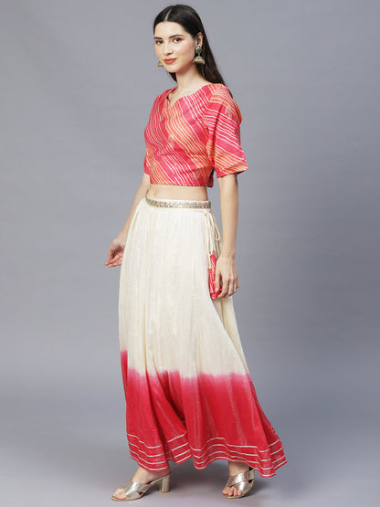 Ethnic Printed Short Top with Flared Skirt & Dupatta - Pink