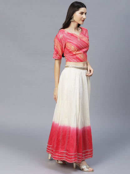 Ethnic Printed Short Top with Flared Skirt & Dupatta - Pink