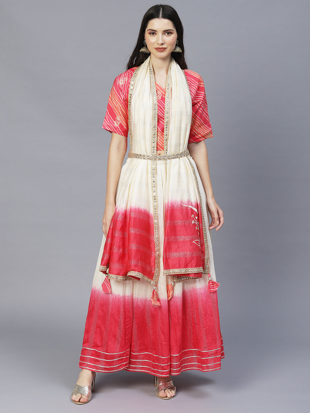 Ethnic Printed Short Top with Flared Skirt & Dupatta - Pink