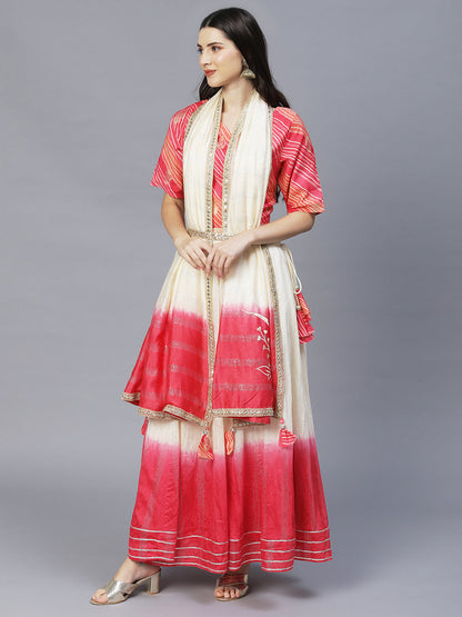 Ethnic Printed Short Top with Flared Skirt & Dupatta - Pink