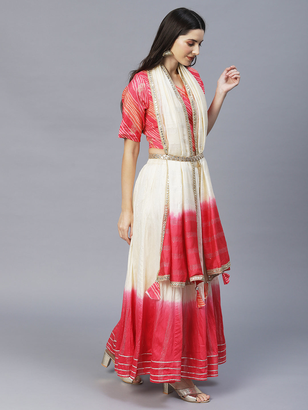 Ethnic Printed Short Top with Flared Skirt & Dupatta - Pink