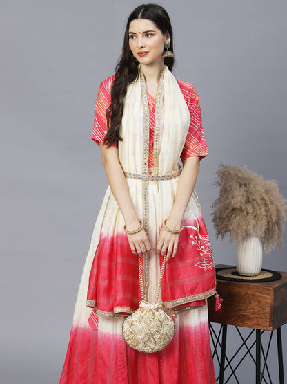 Ethnic Printed Short Top with Flared Skirt & Dupatta - Pink