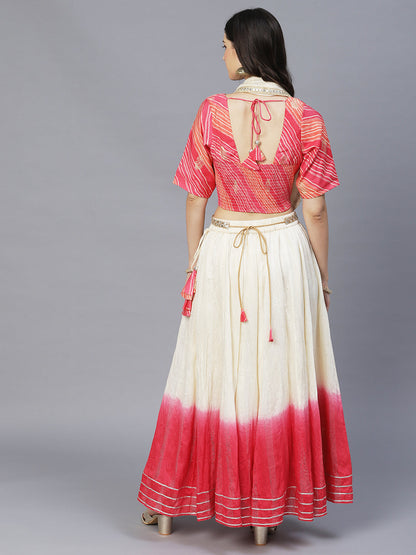 Ethnic Printed Short Top with Flared Skirt & Dupatta - Pink