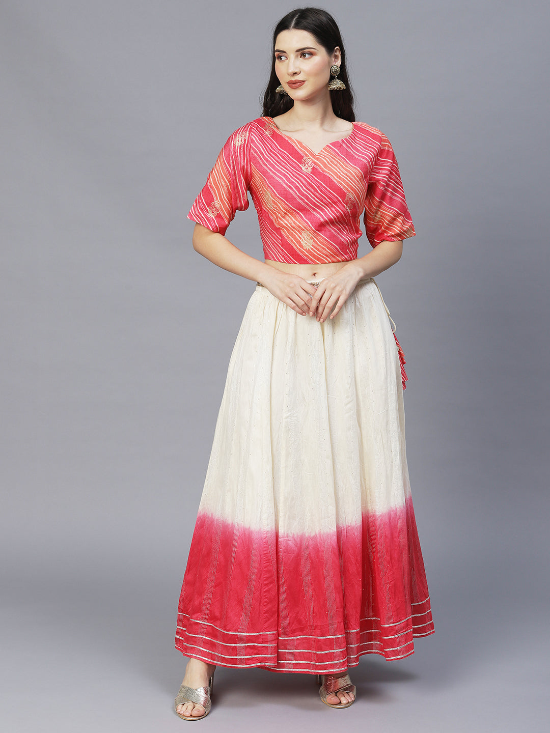 Ethnic Printed Short Top with Flared Skirt & Dupatta - Pink